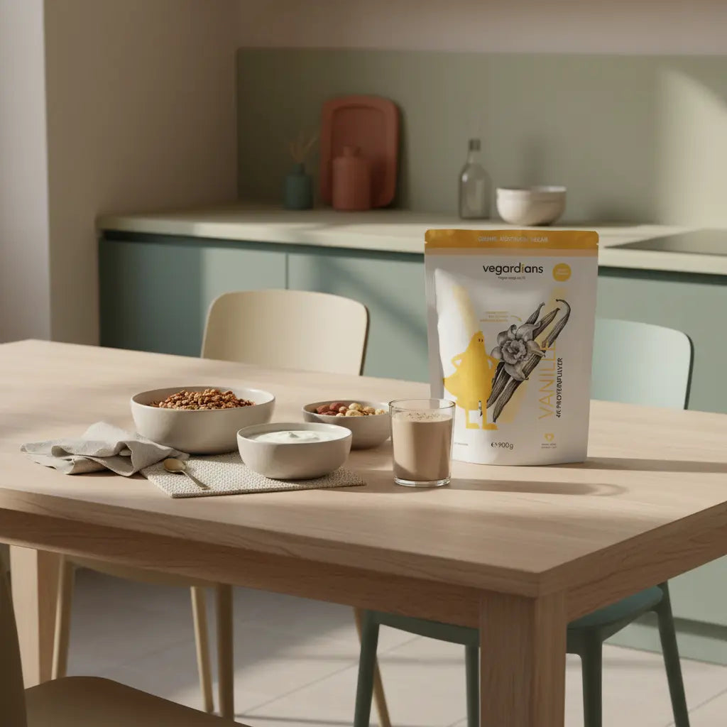 Minimalistische Morgen-Küchenszene mit veganem proteinreichen Frühstück und dem Produkt aus den Referenzfotos auf einem nachhaltigen Holztisch — Wie werde ich wieder schlanker?