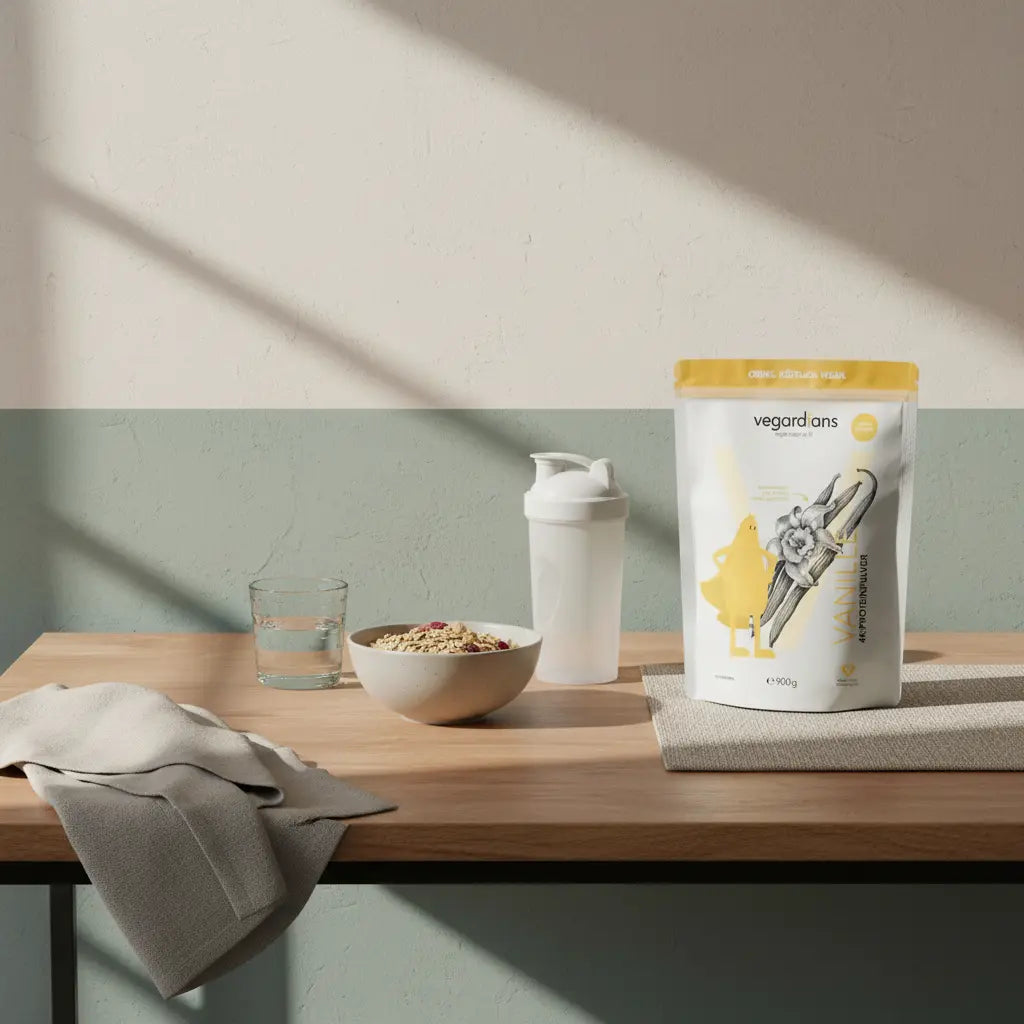 Ruhige Küchenaufnahme mit veganem Müsli, Glas Wasser, Shaker und dem Produkt aus Referenzfotos auf nachhaltigem Tisch – Wie werden Oberschenkel schnell dünner?