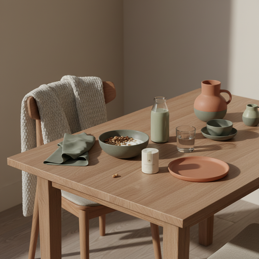 Minimalistisches Morgenfrühstück in heller europäischer Küche mit veganem Granola, Joghurt, Nüssen und Shake als ruhige, nährende Szene zur Illustration von Winterdepression Symptome