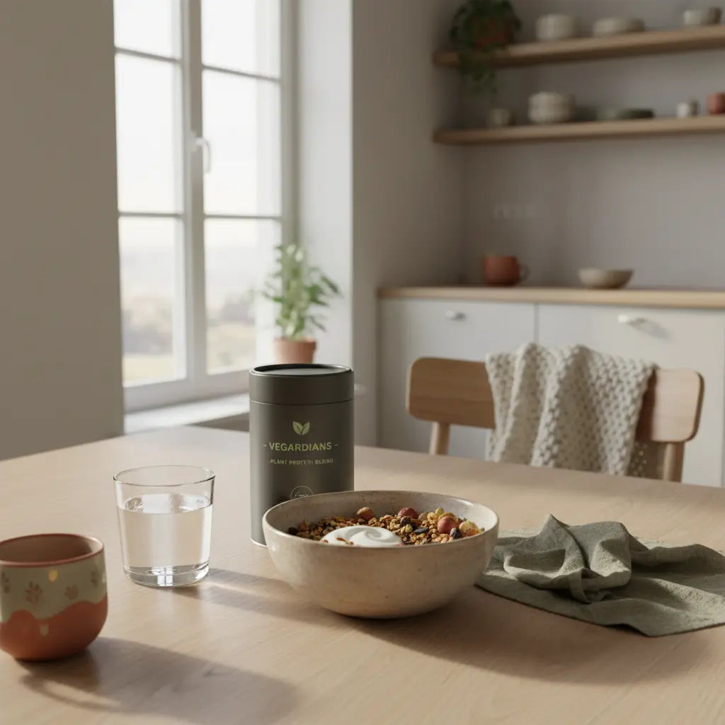 Minimalistisches Frühstück mit Granola, Joghurt, Nüssen, Protein‑Shake und Glas Wasser in sanfter Morgenbeleuchtung, subtile Wintertexturen – beruhigende Szene; Winterdepression Symptome