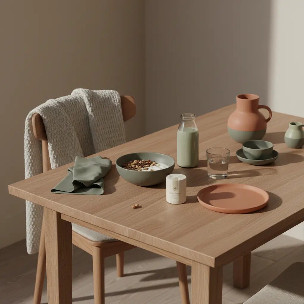 Minimalistisches Morgenfrühstück in heller europäischer Küche mit veganem Granola, Joghurt, Nüssen und Shake als ruhige, nährende Szene zur Illustration von Winterdepression Symptome