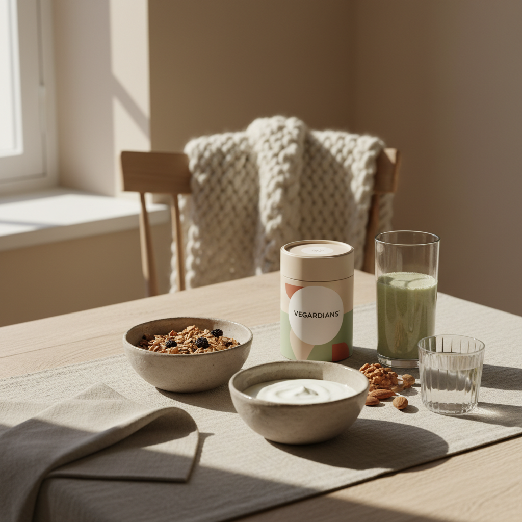Minimalistisches Winterernährung‑Frühstück in europäischer Küche mit Granola, pflanzlichem Joghurt, Nüssen und Shake auf nachhaltigem Tisch vor beigem, salbeigrünem Hintergrund.