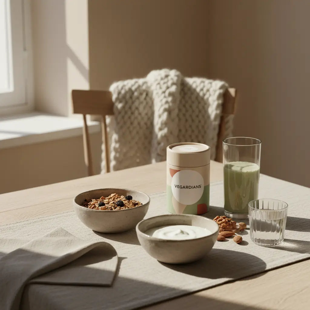 Minimalistisches Winterernährung‑Frühstück in europäischer Küche mit Granola, pflanzlichem Joghurt, Nüssen und Shake auf nachhaltigem Tisch vor beigem, salbeigrünem Hintergrund.