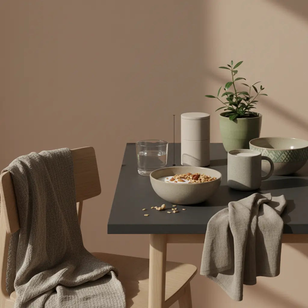 Minimalistisches Vegardians-Frühstück mit Granola, Joghurt, Nüssen, Keramik-Shake und Produkt aus Referenzfotos auf einem ruhigen, winterlichen Tisch – Winterfitness