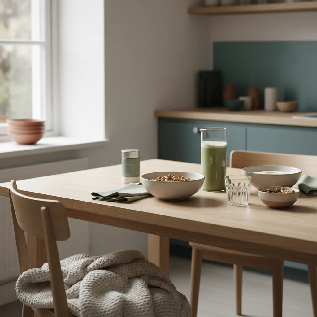 Ruhiges Morgenfrühstück mit Granola, pflanzlichem Joghurt, Nüssen und Shake auf minimalistisch gedecktem Tisch in Beige und Salbei – Wintermotivation