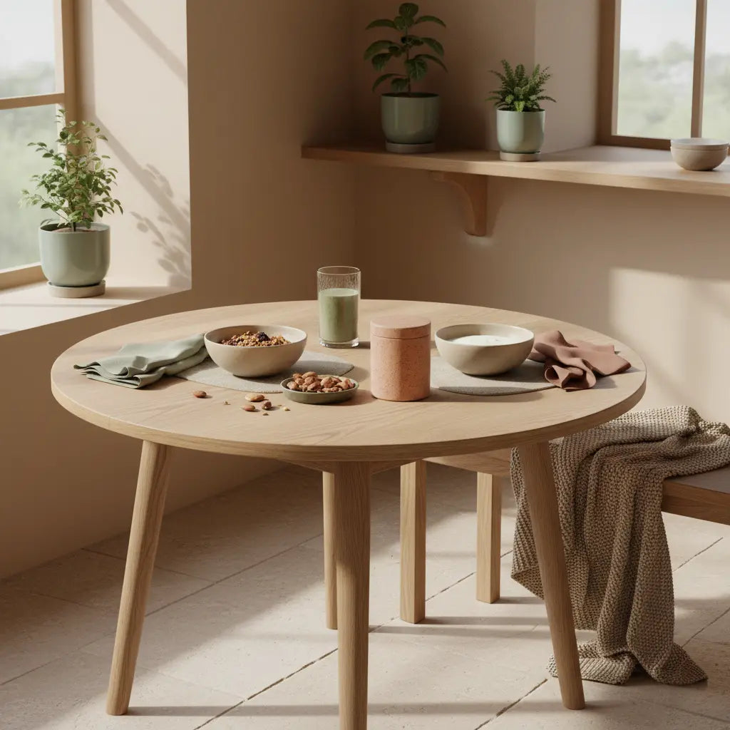 Minimalistisches veganes Frühstück auf einem europäischen Küchentisch im Morgenlicht mit Granola, Joghurt, Nüssen und Shake, dezente Wolltexturen und beige-salbeigrüne Terrakotta-Palette, wintermotivation