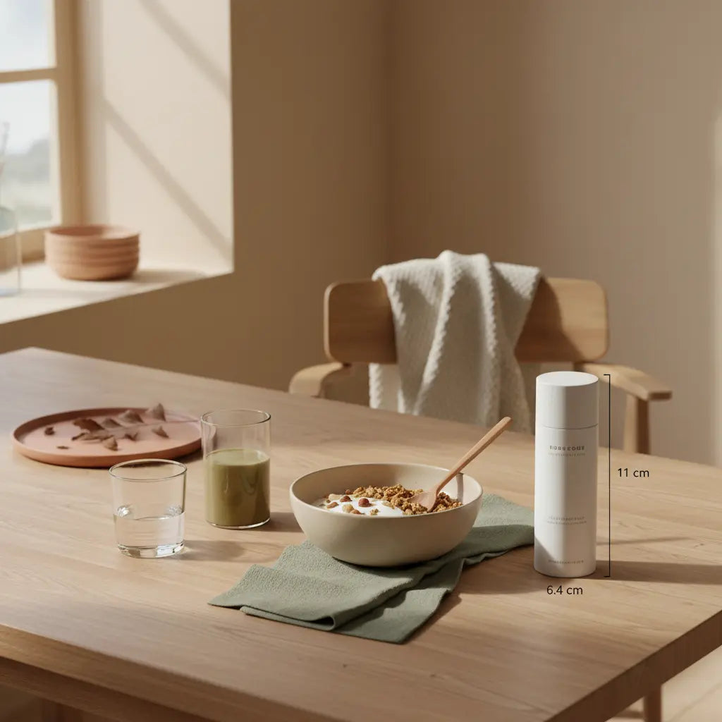 Ruhiges Frühstück mit Granola, Joghurt, Nüssen und Shake auf minimalistischem Tisch in europäischer Küche, wintermotivation