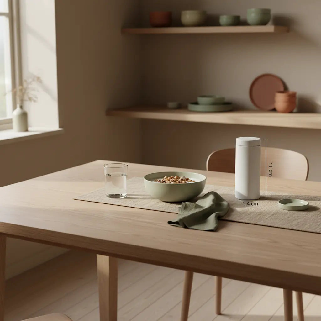 Minimalistisches Frühstück in europäischer Küche mit Granola, pflanzlichem Joghurt, Shake und Glas Wasser – ruhige Wintermotivation in Beige und Salbeigrün.