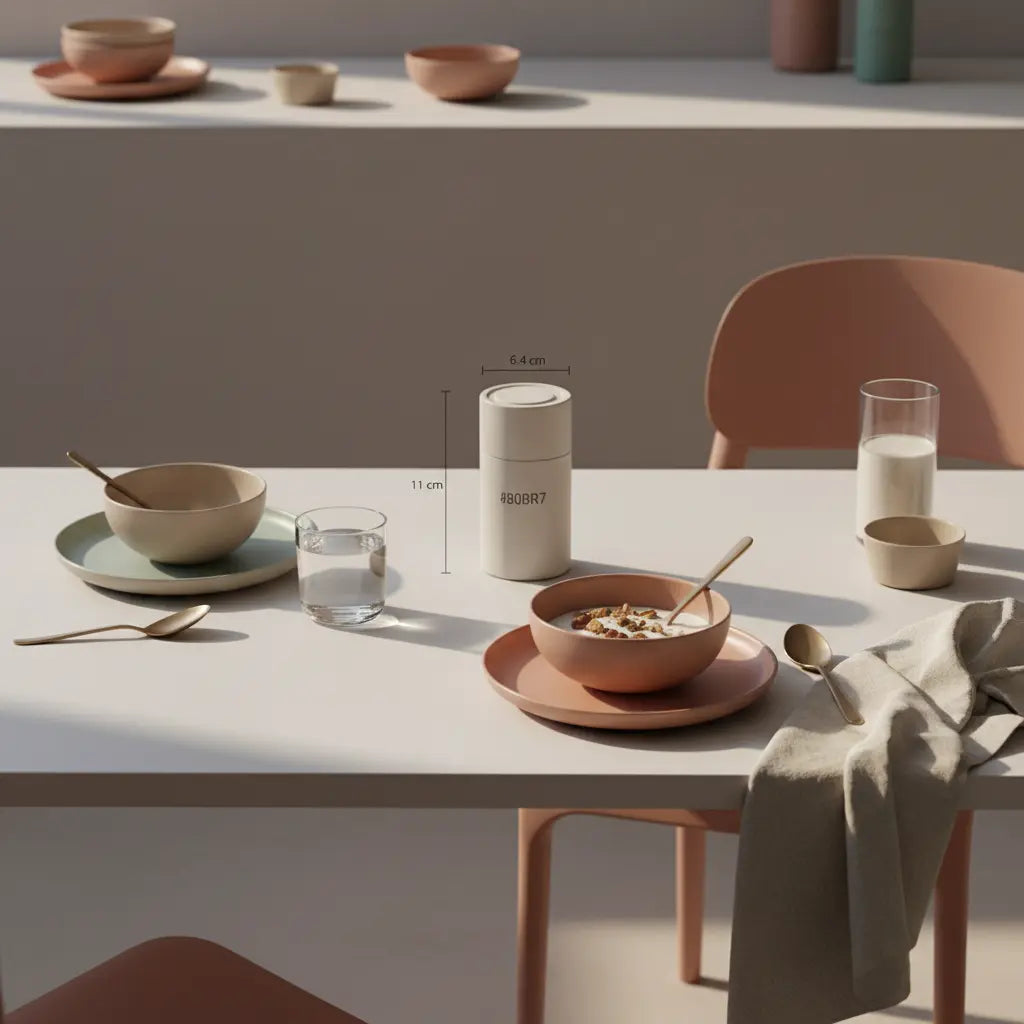 Ruhiges veganes Frühstück mit Granola, Joghurt, Nüssen und Shake in einer europäischen Küche am Morgen – gemütliche Wintermotivation mit Wolltexturen und salbeigrünen Akzenten.