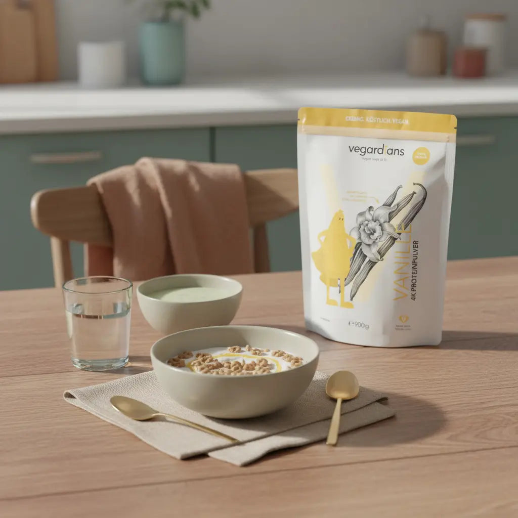 Müslischale mit pflanzlichem Proteinpulver, Glas Wasser und Shake auf nachhaltigem Holztisch im sanften Morgenlicht – wo ist am meisten eiweiß drin