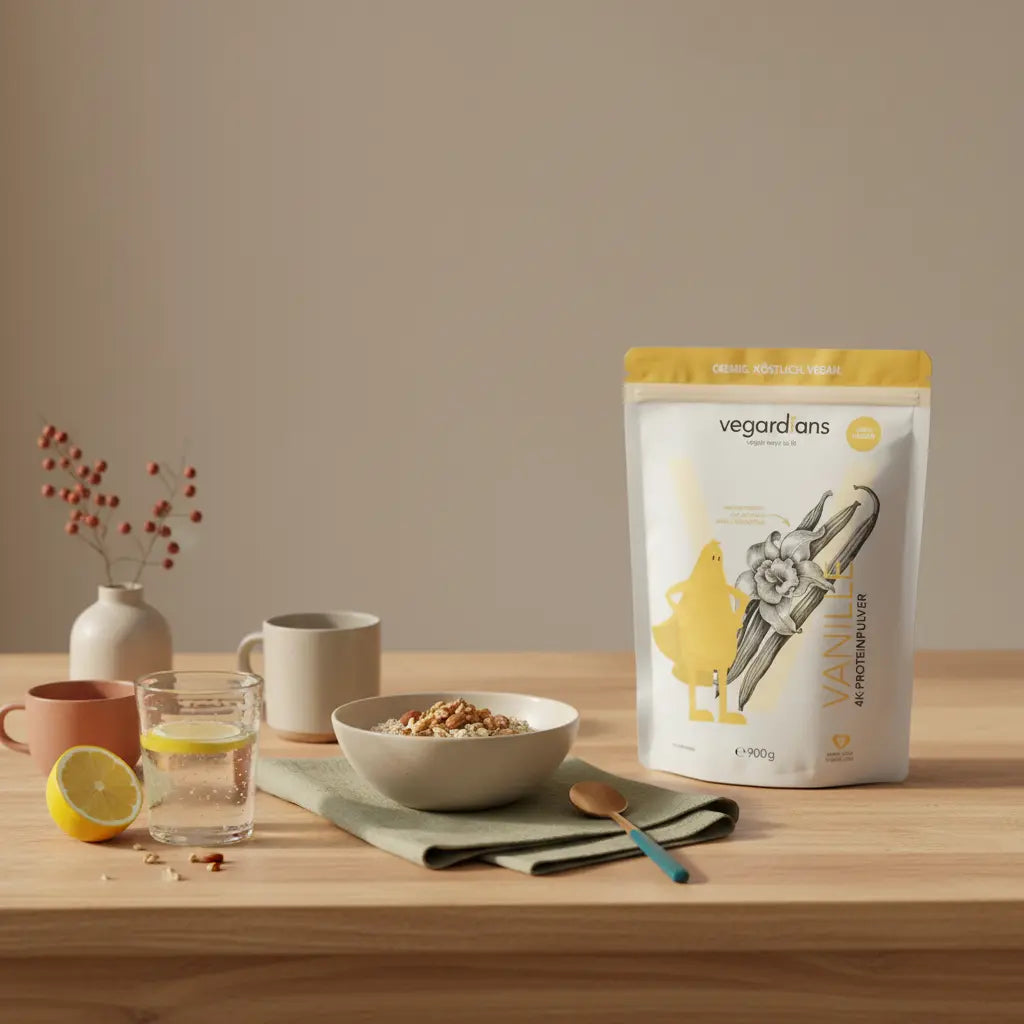 Glas Zitronenwasser mit halbierter Zitrone auf nachhaltigem Holztisch neben Haferflocken und Nüssen in ruhiger Morgenstimmung, zitronenwasser abnehmen