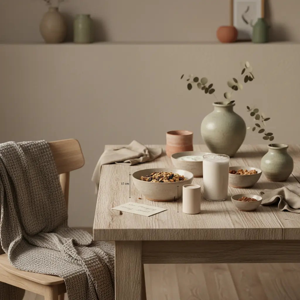 Veganer Frühstückstisch in europäischer Küche mit Granola, Joghurt, Nüssen, Shake und zuckerfreie kekse auf nachhaltigem, minimalistischem Holztisch