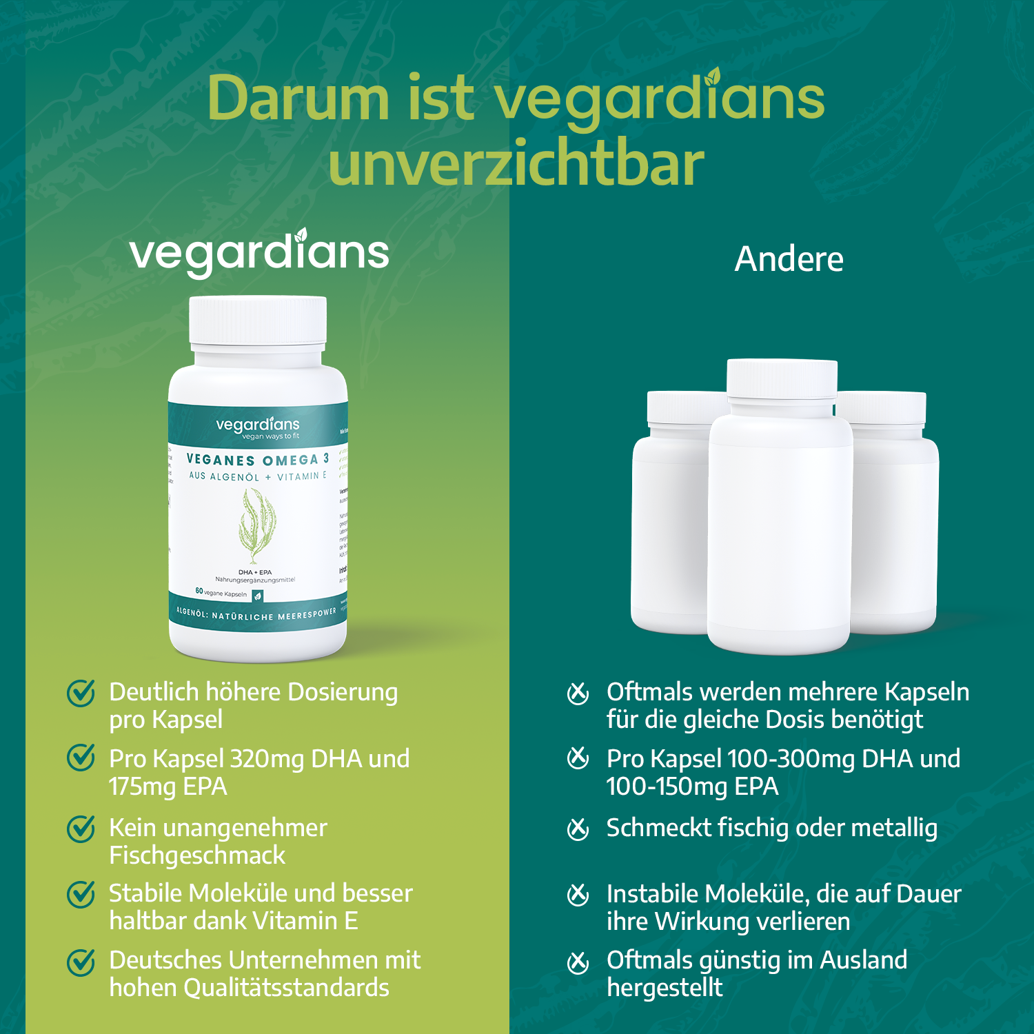 Vegardians Veganes Omega 3 Algenöl – 620 DHA + EPA für ein gesundes und Veganer Leben. Ernährungszusatz für Muskelaufbau und tägliche Unterstützung.