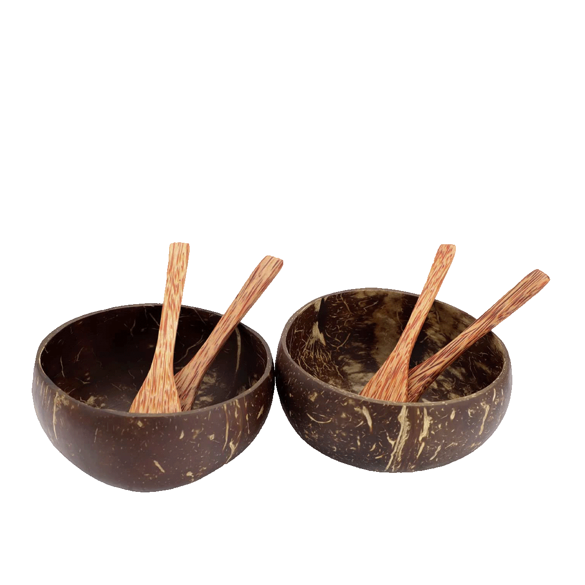 Vegane Kokosnuss-Schalen mit handgefertigten Holzlöffeln, plastikfrei.