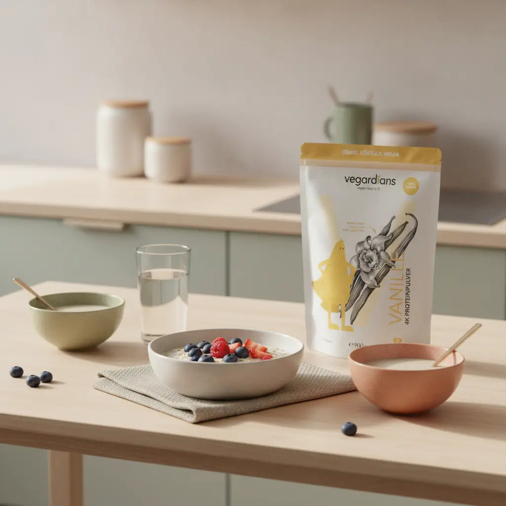 Veganer Frühstückstisch mit Haferbrei, Beeren, Wasserglas, Proteinshake und Vegardians-Produkt auf hellem Holztisch – nachhaltiges Morgenritual für 10 kg abnehmen.