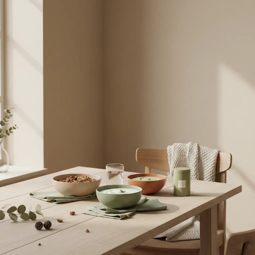 Minimalistisches Frühstück mit Keramikschalen, Granola, pflanzlichem Joghurt, Nüssen und Shake in europäischer Küche – betont 100 % pflanzliches Protein, ruhige beige-sage Palette