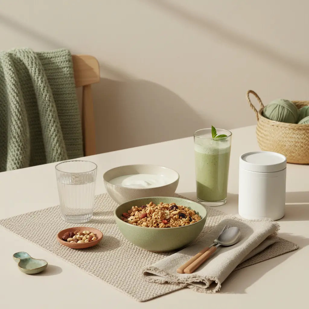 Minimalistische Frühstücksszene mit Granola, veganem Joghurt, Nüssen, Shake und klarem Wasserglas auf nachhaltigem Tisch – unterstützt 100 g Eiweiß pro Tag vegetarisch.