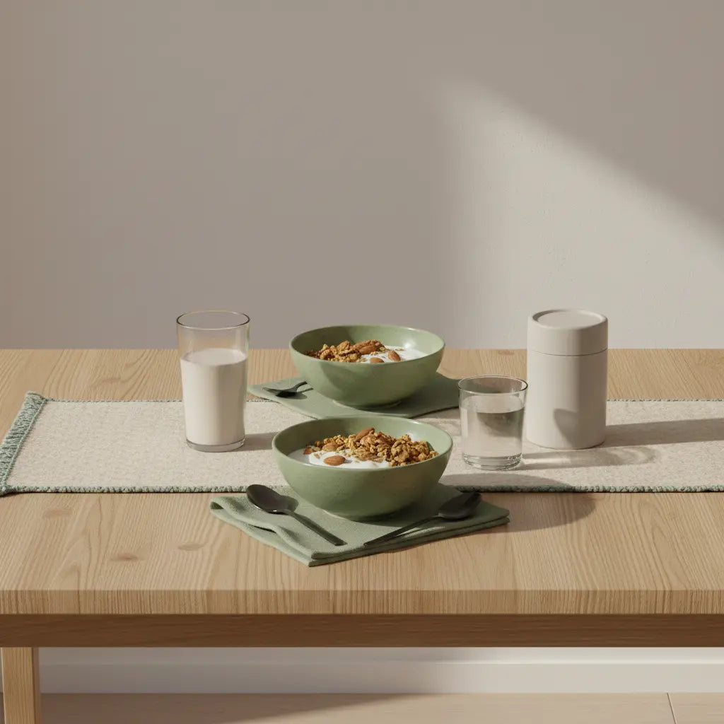 Minimalistisches Frühstück mit Granola, Sojajoghurt, Nüssen und Proteinshake auf nachhaltigem Tisch, Produkt aus Referenzfotos sichtbar – 100 g Protein