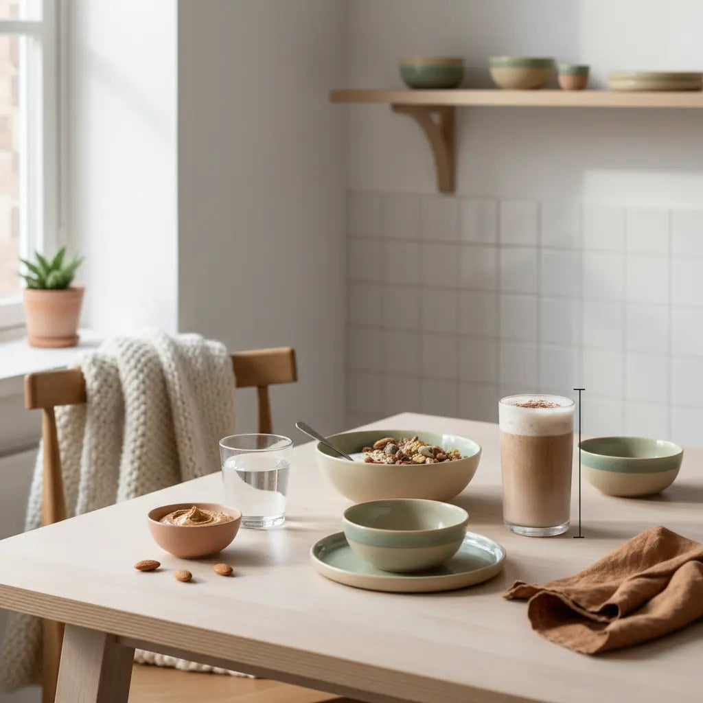 Minimalistisches Frühstück in europäischer Küche mit Keramikschalen, Glas Wasser, Granola mit pflanzlichem Joghurt, Nüssen und Shake – 100% pflanzliche Ernährung.