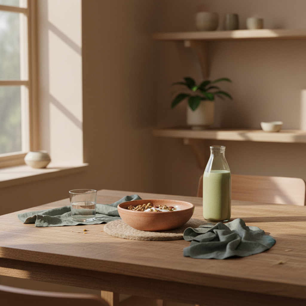 Minimalistischer veganer Frühstückstisch mit Granola, Joghurt‑Alternative, Nüssen und Shake in einer europäischen Küche – 100 g eiweiß pro tag vegetarisch