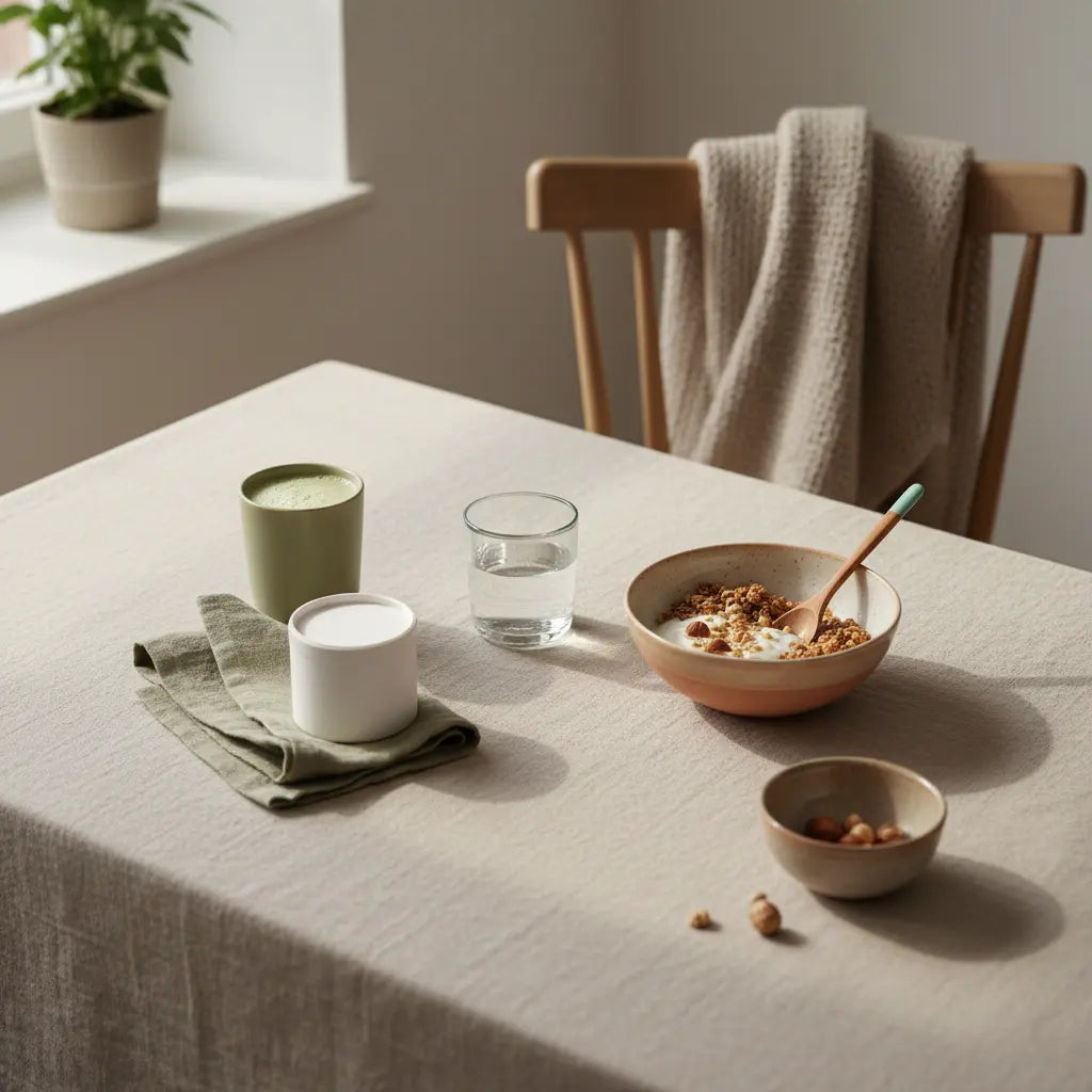 Veganer Frühstückstisch mit Granola, Joghurt, Nüssen und Shake in einer europäischen Küche bei Morgenlicht, ruhige Erdtöne und Vegardians-Brandfarben, Darstellung von 100 g Eiweiß vegan.