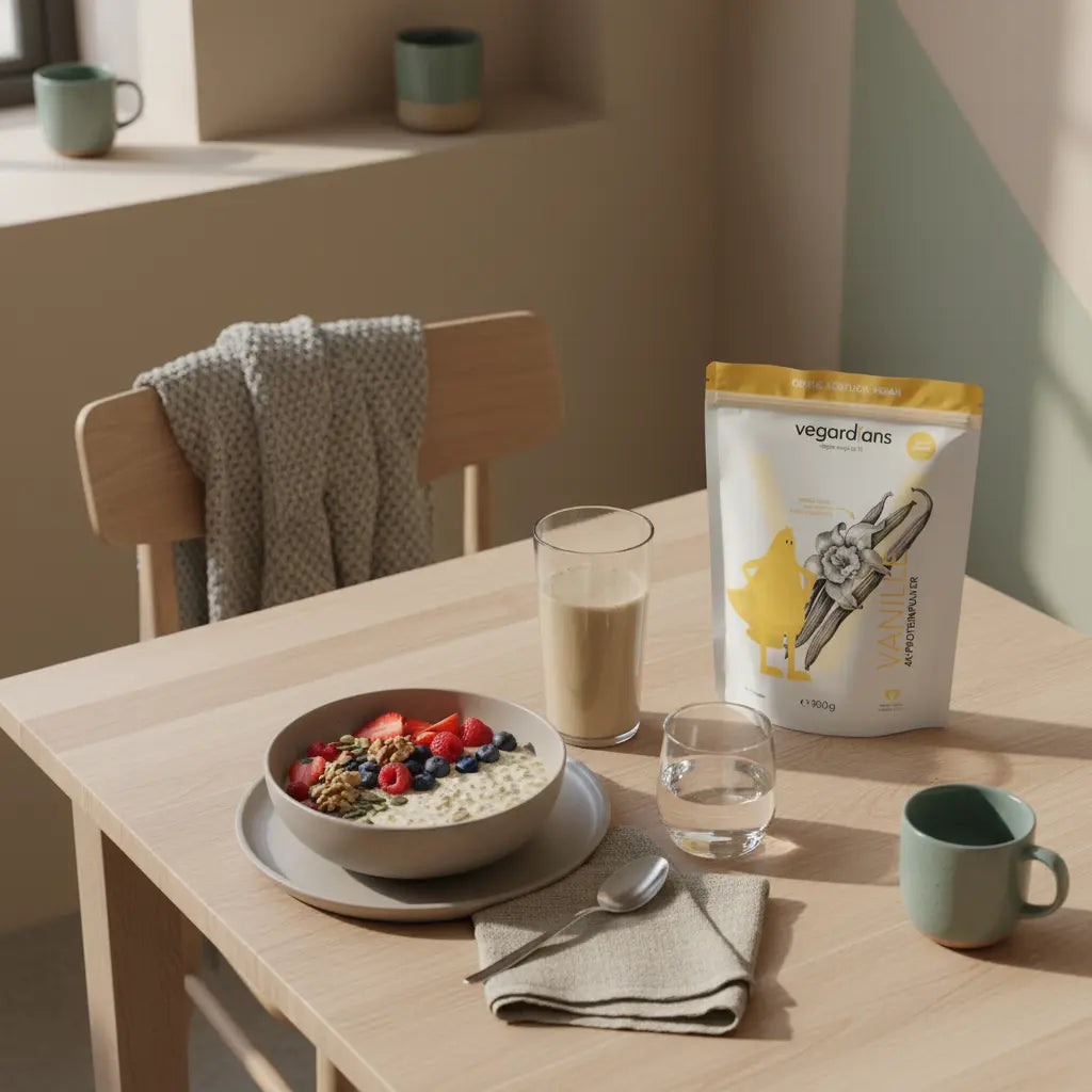 Minimalistische Morgenaufnahme: vegane Hafer‑Bowl, Beeren, Nüsse, Shake‑Glas und das Produkt aus Referenzfotos in einer Szene passend zum 1200 kcal ernährungsplan