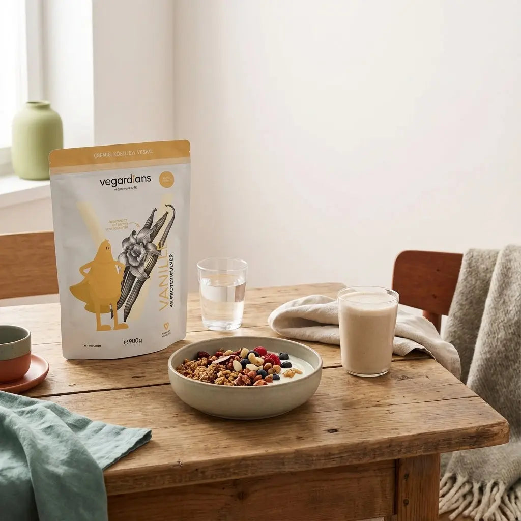 Minimalistisches veganes Frühstück mit Müsli, Joghurt, Nüssen und Shake auf nachhaltigem Tisch in Vegardians-Farben, 1200 kcal