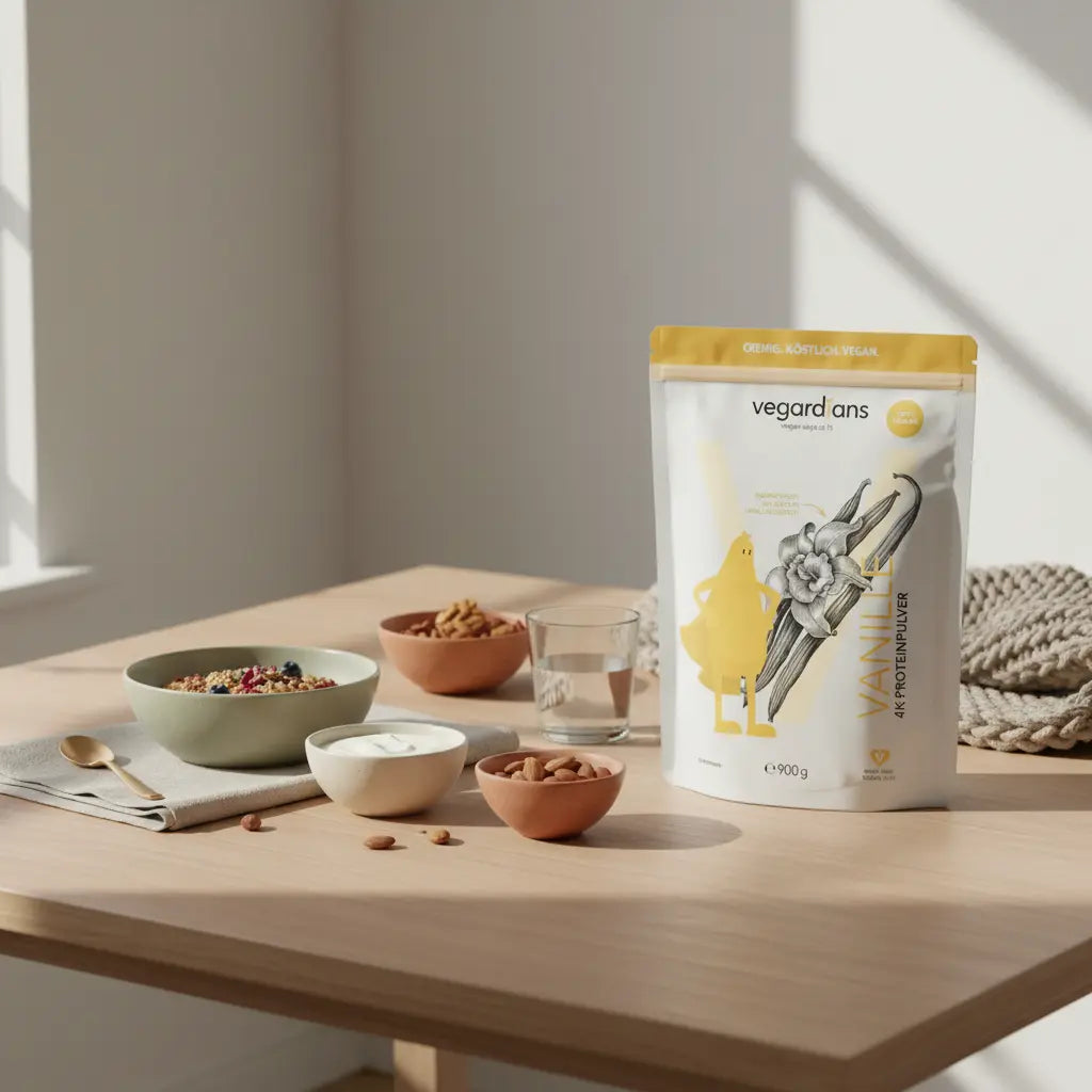 Sanftes Morgenlicht auf nachhaltigem Holztisch mit veganer Haferbowl, Joghurt, Nüssen und klarem Wasserglas, dezente Woll- und Leinenakzente – 1200 kcal