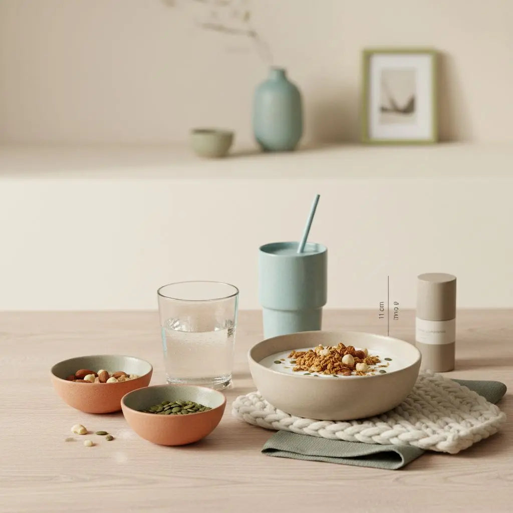 Frühstückstisch mit Granola, pflanzlichem Joghurt, Nüssen und Shake in einer europäischen Küche am Morgen – ideal für 16/8 abnehmen, langsam und nährend.