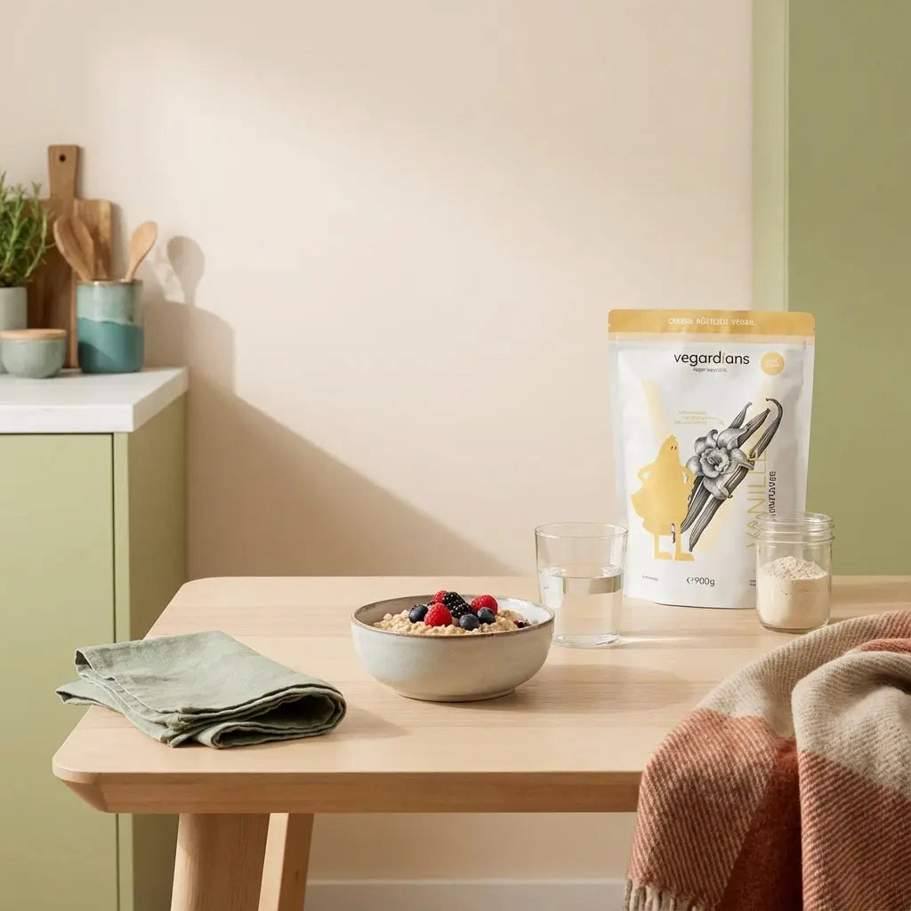 Veganer 1600 kcal Frühstückstisch mit Haferbrei, Beeren, klarem Wasserglas und Glas mit Proteinpulver in minimalistischem Morgenlicht, salbei- und beige Töne