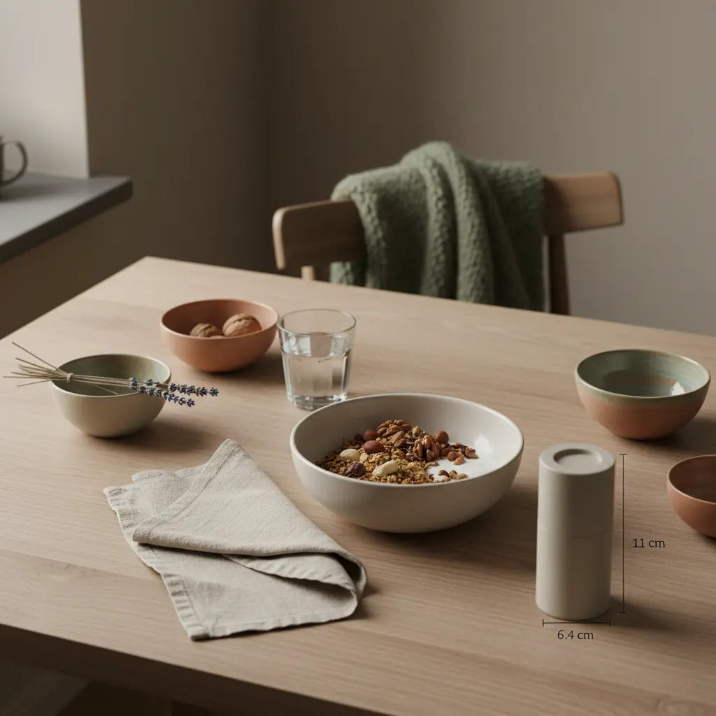 Veganes Frühstück mit Müsli, pflanzlichem Joghurt und Wasserglas auf Holztisch im Morgenlicht – ruhige Szene zur 16:8 methode abnehmen mit wolltextilien und Keramikschale