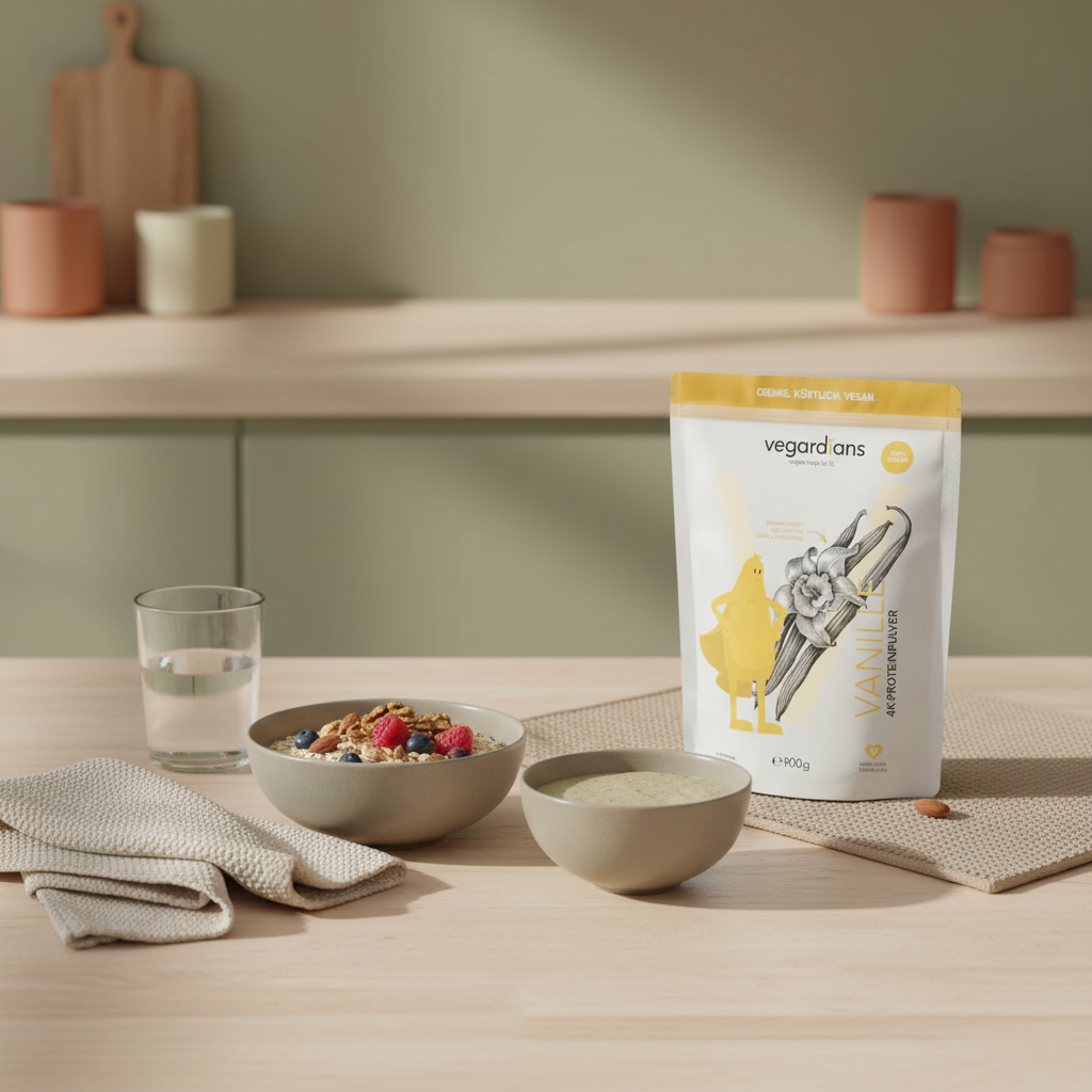 Minimalistische Morgenaufnahme in einer europäischen Küche: nachhaltiger Holztisch mit Wasserglas, Haferbrei mit Nüssen und Beeren, pflanzlicher Protein‑Shake, Wolltextur und Leinenserviette – 16:8 Methode