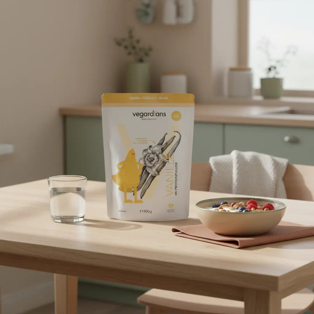 Sanfte Morgenroutine: nachhaltiger Holztisch mit Glas Wasser, Schüssel Müsli, Nüssen, Beeren, leinenen Serviette, dezente Wollakzente und Vegardians-Produkt – 16:8 nicht abnehmen