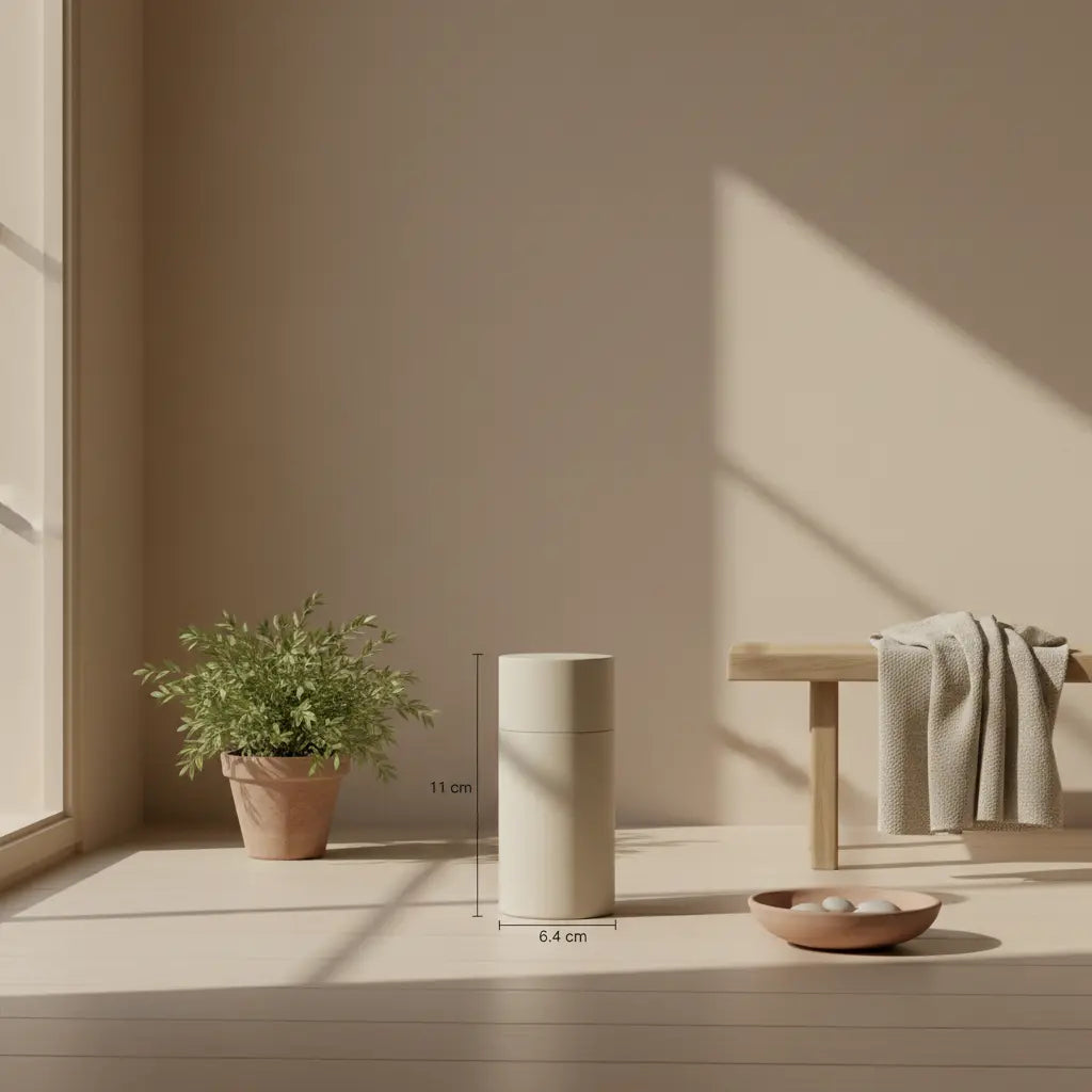 20 Minuten Crosstraining: Heller, minimalistischer Raum mit modernem Crosstrainer neben Fenster, sanftes Morgenlicht, kleine Pflanze, natürliche Beige- und Salbeitöne, Full Frame.