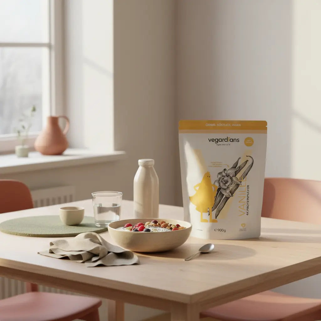 Minimalistische Morgenaufnahme: vegane Frühstücksschale, Glas Wasser und neutraler Proteinshake auf nachhaltigem Holztisch in Beige und Salbei, ruhige Vegardians-Ästhetik – 21 tage abnehmen