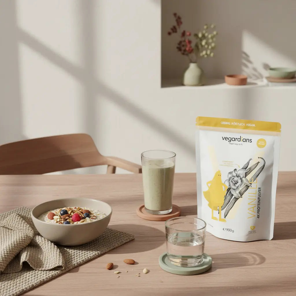 Minimalistische Küche mit veganer Frühstücksschale, pflanzlichem Shake und Glas Wasser auf nachhaltigem Tisch – bewusstes Frühstück für Thema 25 kg Übergewicht