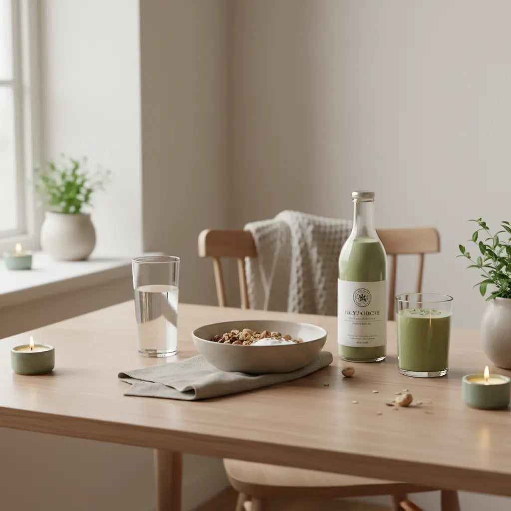 3/2/1-Methode: Minimalistisches Frühstück in europäischer Küche mit Granola, Joghurt, Nüssen und Shake, sanftes Morgenlicht, beige‑salbeigrüne Markenpalette