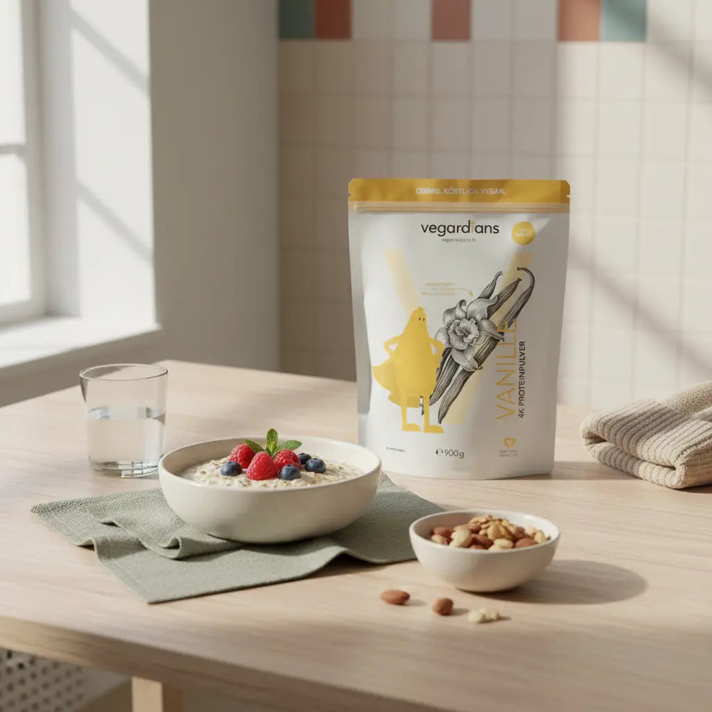 Morgenlicht in einer europäischen Küche: nachhaltiger Holztisch mit Hafer, Beeren, Nüssen, Glas Wasser und Protein‑Shake — 3 kg in einer Woche abnehmen