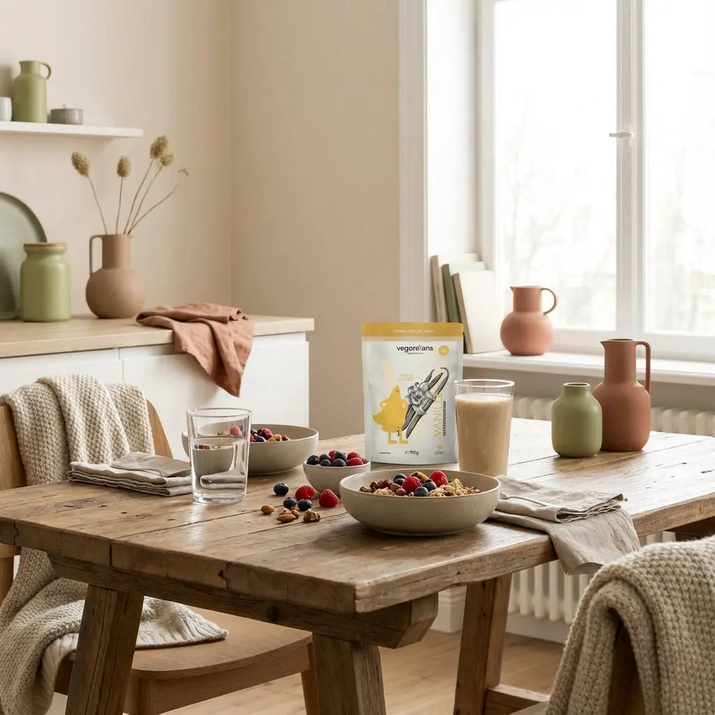 Minimalistische Frühstücksszene mit Müsli, Nüssen, Beeren, Shake und Glas Wasser auf Holztisch im Morgenlicht, bewusstes 70/30 ernährungsplan