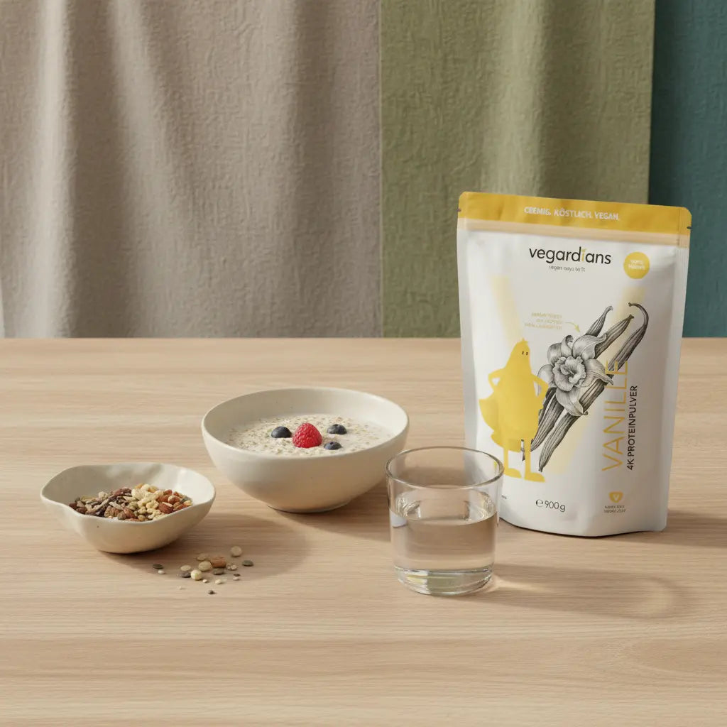 Minimalistisches Frühstück auf Holztisch mit Haferbrei, Nüssen und Wasser, dezentes Produkt aus Referenzfotos daneben – betont 30 g Ballaststoffe pro Tag