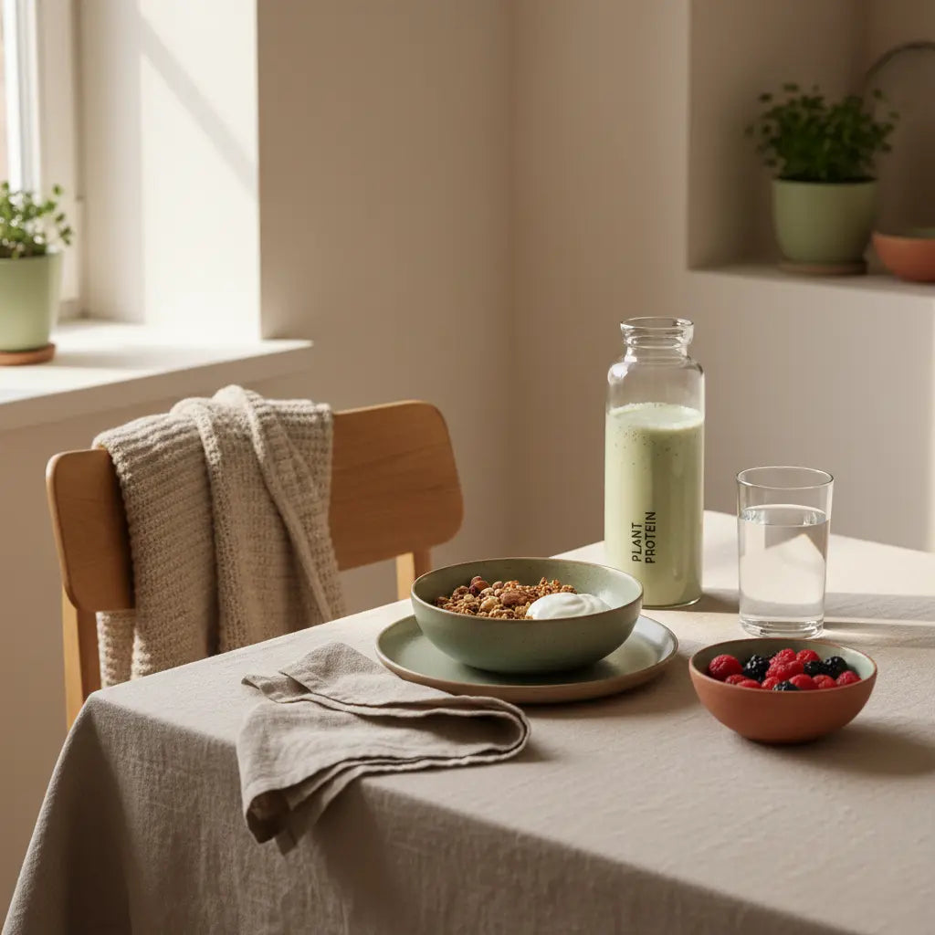 30 g Protein vegetarisch: Nachhaltiges Frühstück mit Granola, Joghurt, Nüssen und Shake in einer europäischen Küche im Morgenlicht, beige-sage-terrakotta Farbpalette.