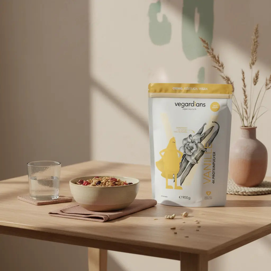 Minimalistische Morgenküche mit Holztisch, Wasserglas, Müslischale und Proteinshake im Vegardians-Stil, ruhige nährende Szene für 30 Minuten Cardio.