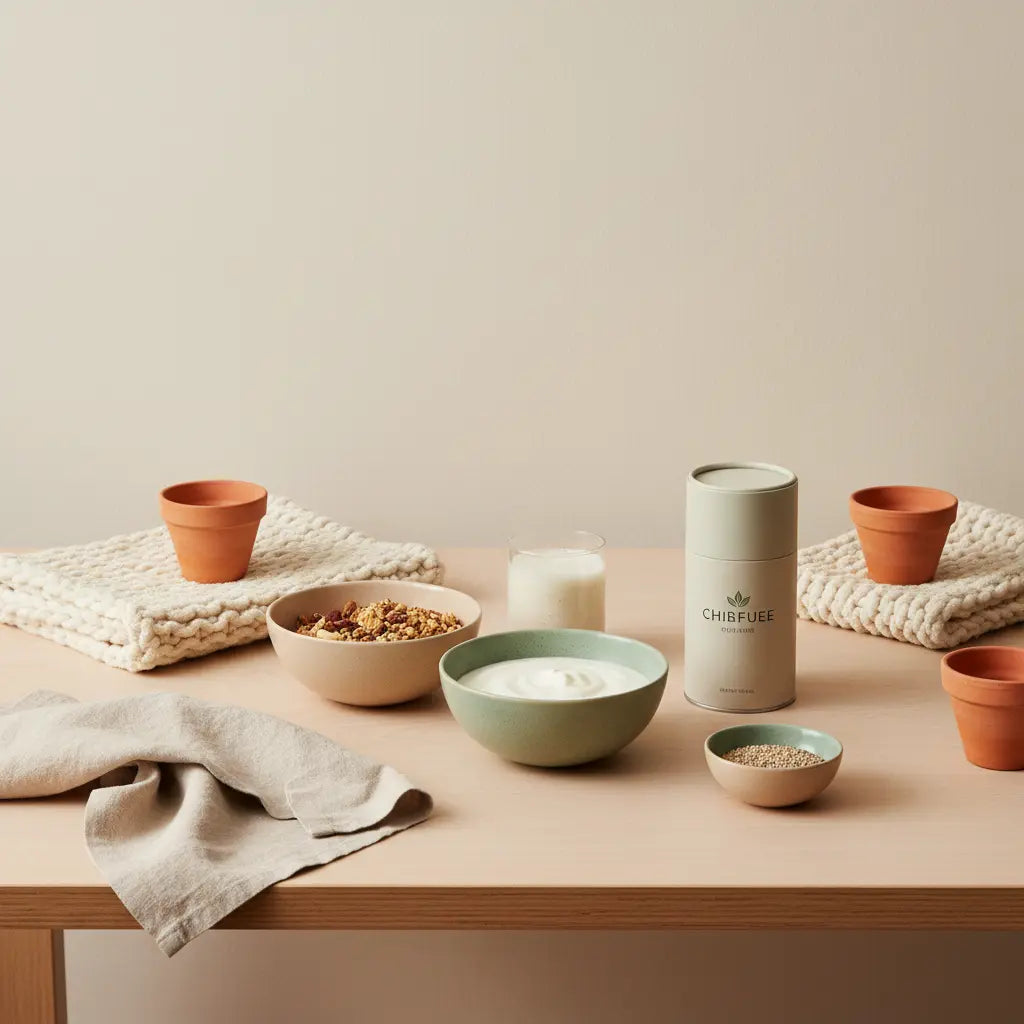 Minimalistisches Frühstück in europäischer Küche mit Granola, Joghurt, Nüssen und Shake auf nachhaltigem Holztisch, gemütliche Winterdetails – 30 pflanzen pro woche