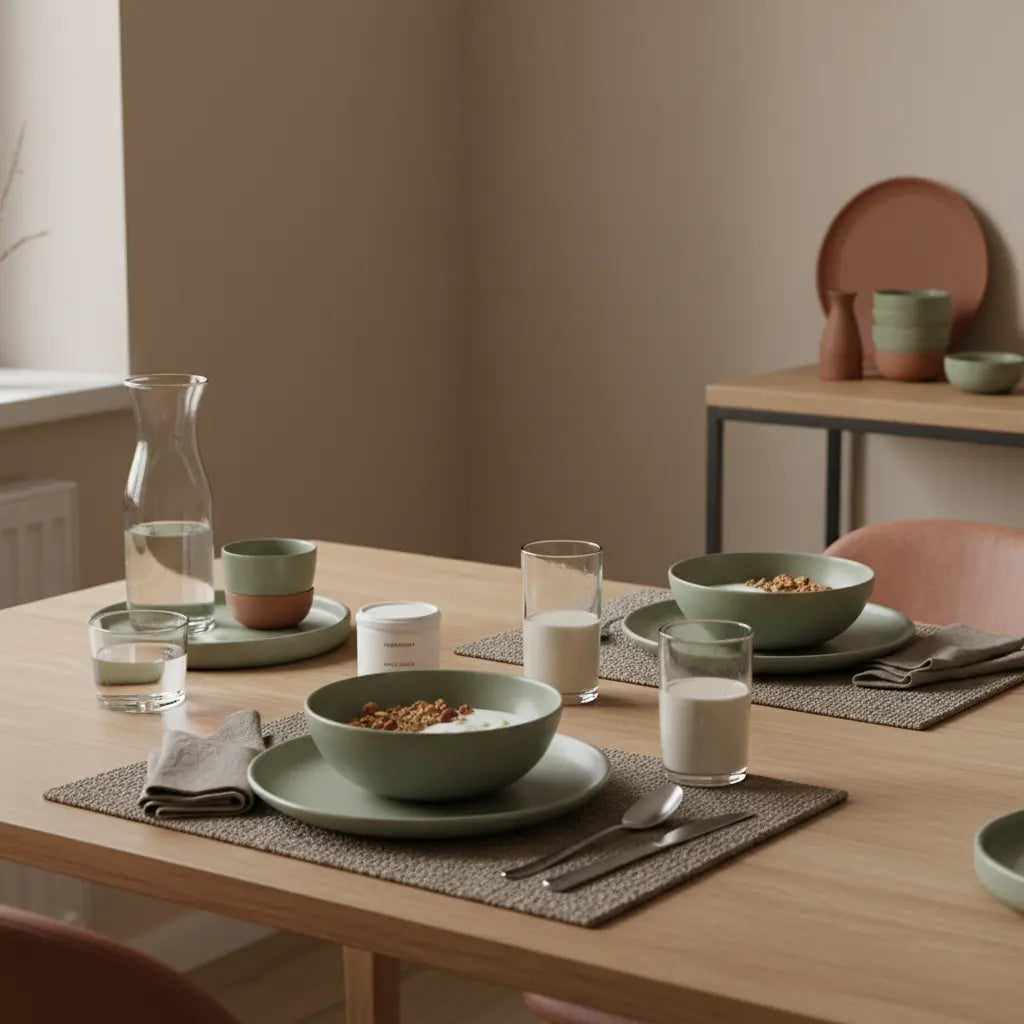 5 20 30-Methode: Minimalistisches Vegardians Frühstück in heller Küche mit Granola, Pflanzenjoghurt, Shake und Produkt aus Referenzfotos in erdiger Farbpalette