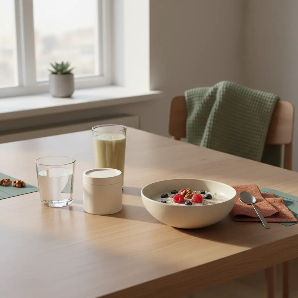 Minimalistisches Frühstück auf nachhaltigem Holztisch mit Haferbrei, Beeren, Nüssen und pflanzlichem Shake im Morgenlicht – Inspiration für 5 kg abnehmen.