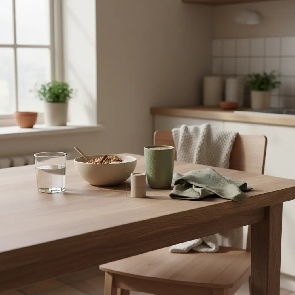 Minimalistisches nachhaltiges Frühstück mit Granola, pflanzlichem Joghurt, Nüssen und Shake in einer europäischen Küche bei Morgenlicht – motivierend für 5 kg in einer Woche abnehmen.