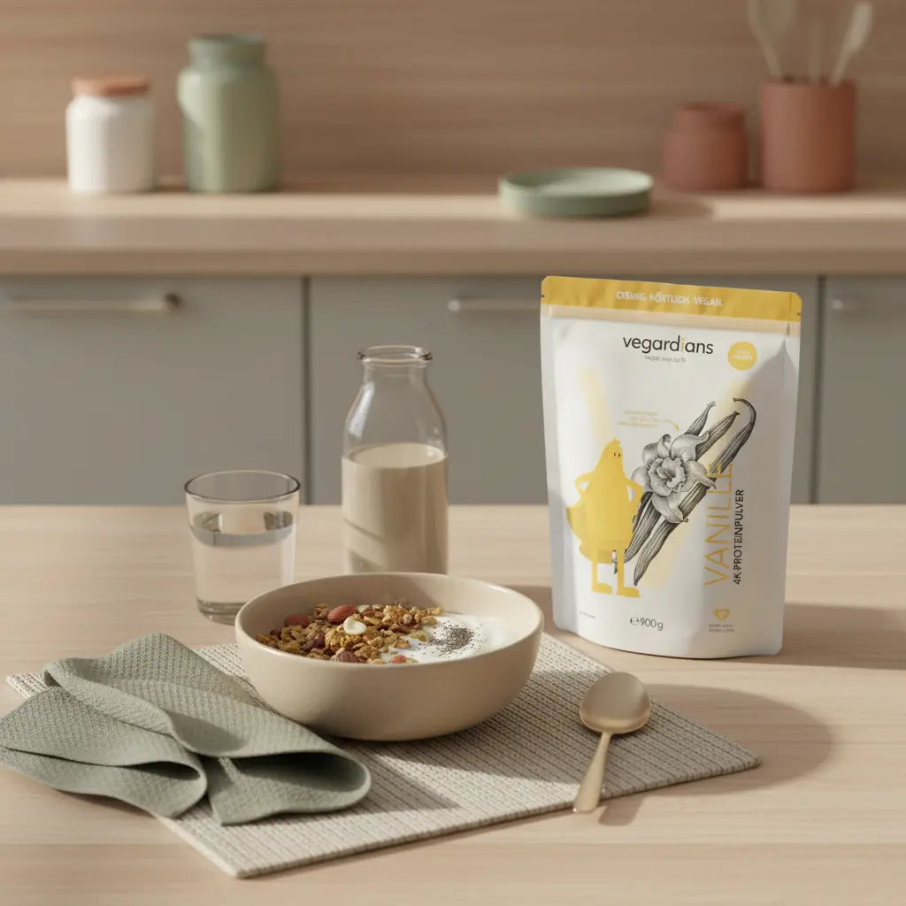 Veganes Frühstück mit Bowl, Glas Wasser und Proteinshake auf nachhaltigem Holztisch in sanftem Morgenlicht, ruhige Szene zum Thema 7 kg abnehmen