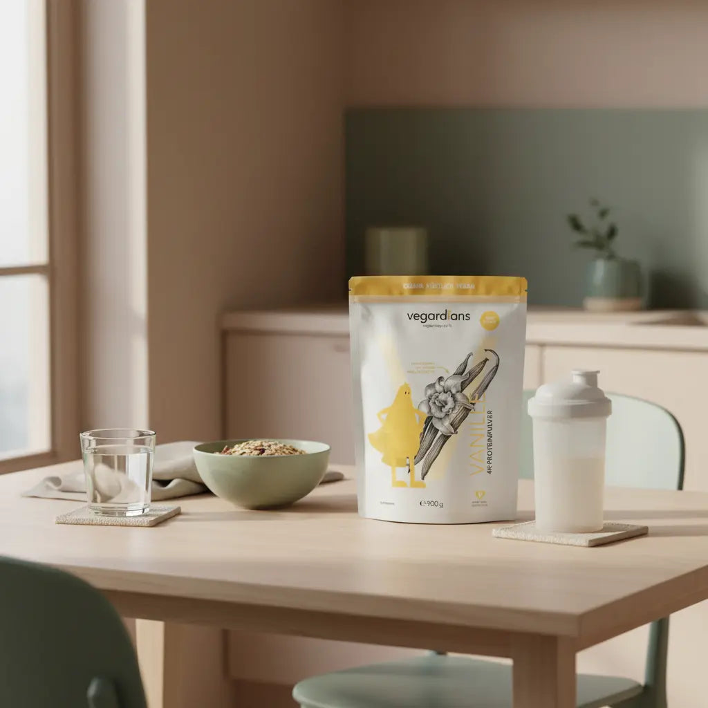 7-Minuten-Workout: ruhige Morgenküche mit nachhaltigem Holztisch, Glas Wasser, veganes Müsli, schlichter Shaker und Vegardians-Produkt in natürlicher, minimalistischer Komposition