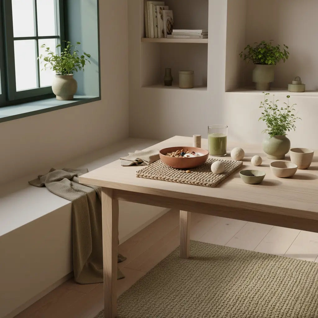 80/20-Regel für Veganer: minimalistisches Frühstück mit Granola, pflanzlichem Joghurt, Nüssen und Shake auf nachhaltig gedecktem Tisch im sanften Morgenlicht