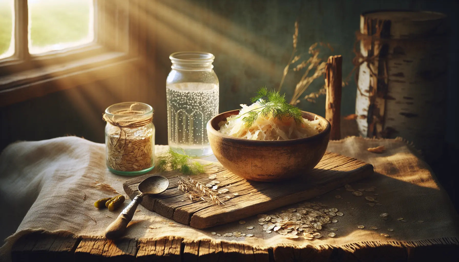 antike landwirtschaftliche szene mit keramikschale fermentierten lebensmitteln glas flusswasser auf hellem holztisch mit morgensonne und kraeuterblattern